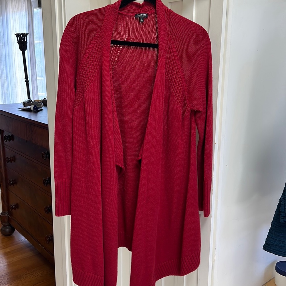 Long red waterfall open cardigan